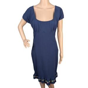 Vtg Y2K Tommy Hilfiger Navy Blue Floral Embroidered Milkmaid Cottage Dress SZ M